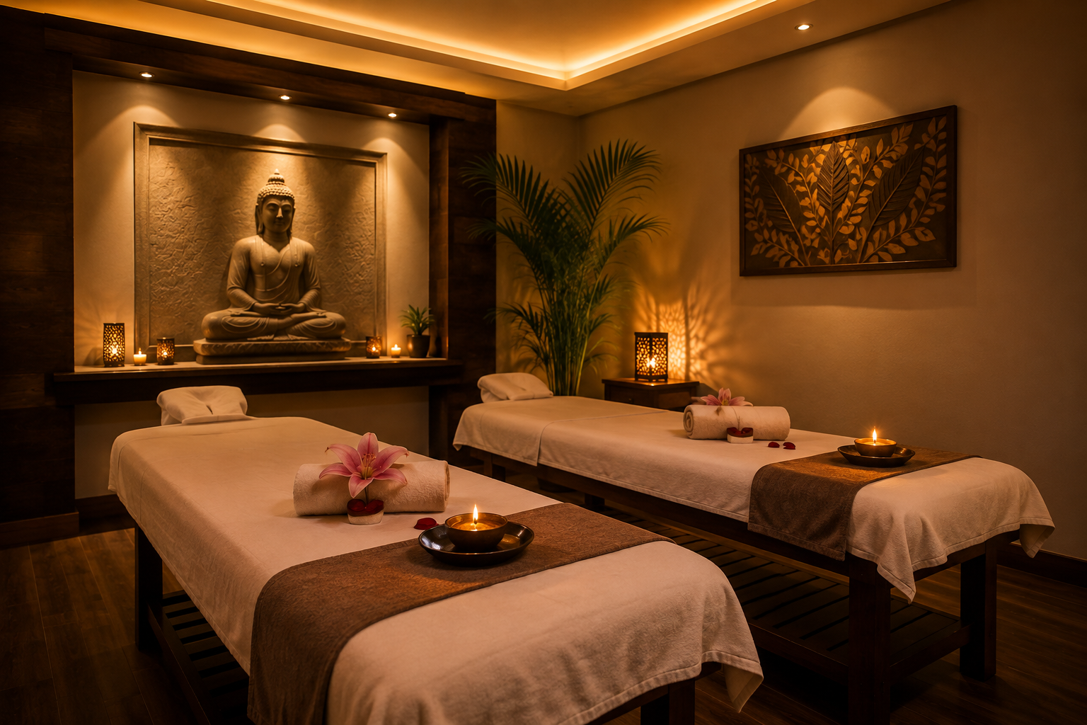 Warm, soft lighting in a peaceful spa treatment room